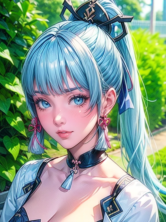 cute girl standing in a garden, beautiful detailed eyes, bright blue eyes, extremely detailed and beautiful face, (Kamisato Ayaka: 1.2), focused on the face, ponytail, Kamisato Ayaka (Genshin Impact), light blue hair, highly detailed hair, bangs, best lighting, excellent shadows, extremely detailed, vibrant Kitsune Udon