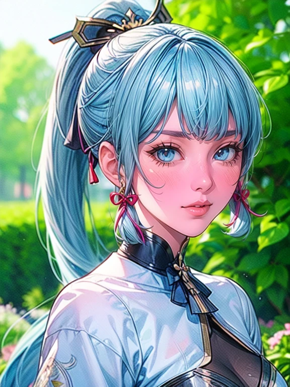 cute girl standing in a garden, beautiful detailed eyes, bright blue eyes, extremely detailed and beautiful face, (Kamisato Ayaka: 1.2), focused on the face, ponytail, Kamisato Ayaka (Genshin Impact), light blue hair, highly detailed hair, bangs, best lighting, excellent shadows, extremely detailed, vibrant Kitsune Udon