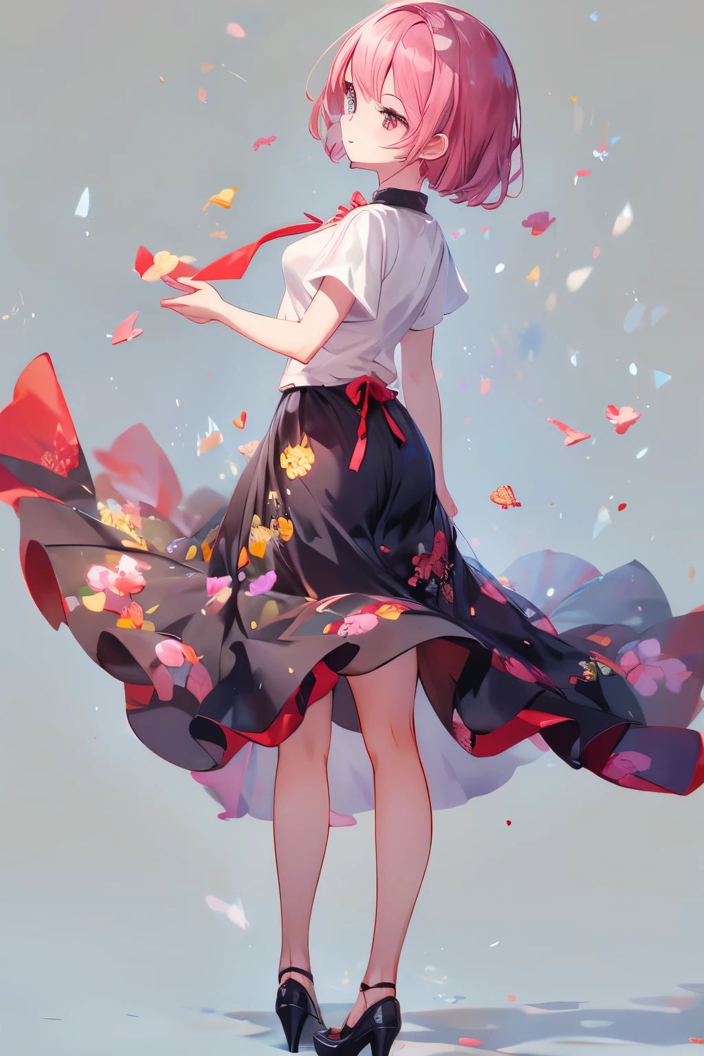 High resolution, masterpiece, Anatomically correct, Best Quality, One girl, smile、Blushing、Short Hair、Large, wide eyes、Smaller breasts、Small breasts、Pink Hair,Choker、Heart symbol、Shooting from the side、Looking to the side、back、Her belly button is visible、Simple Background、Long skirt、T-Shirts、High heels