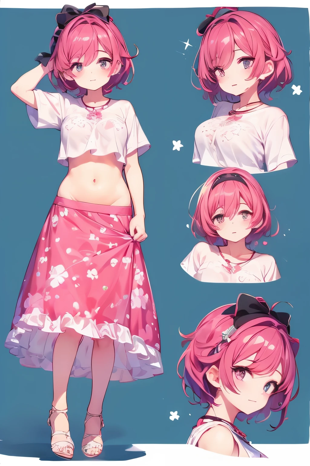 High resolution, masterpiece, Anatomically correct, Best Quality, One girl, smile、Blushing、Short Hair、Large, wide eyes、Smaller breasts、Small breasts、Pink Hair,Choker、Heart symbol、Shooting from the side、Looking to the side、back、Her belly button is visible、Simple Background、Long skirt、T-Shirts、High heels