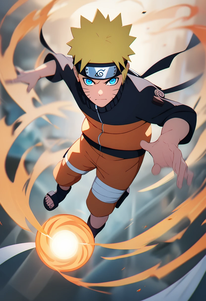 1boy, naruto uzumaki, Naruto Shippuden, looking at viewer, aerokinesis, blonde hair, blue eyes, energy, energy ball, facial mark, forehead protector, full body, jacket, konohagakure symbol, magic, male focus, (rasen shuriken) , scroll, sennin mode, sandals, short hair, solo, short hair, spiked hair, toeless footwear, whisker markings, wind, amazing background, masterpiece, best quality, very aesthetic, newest