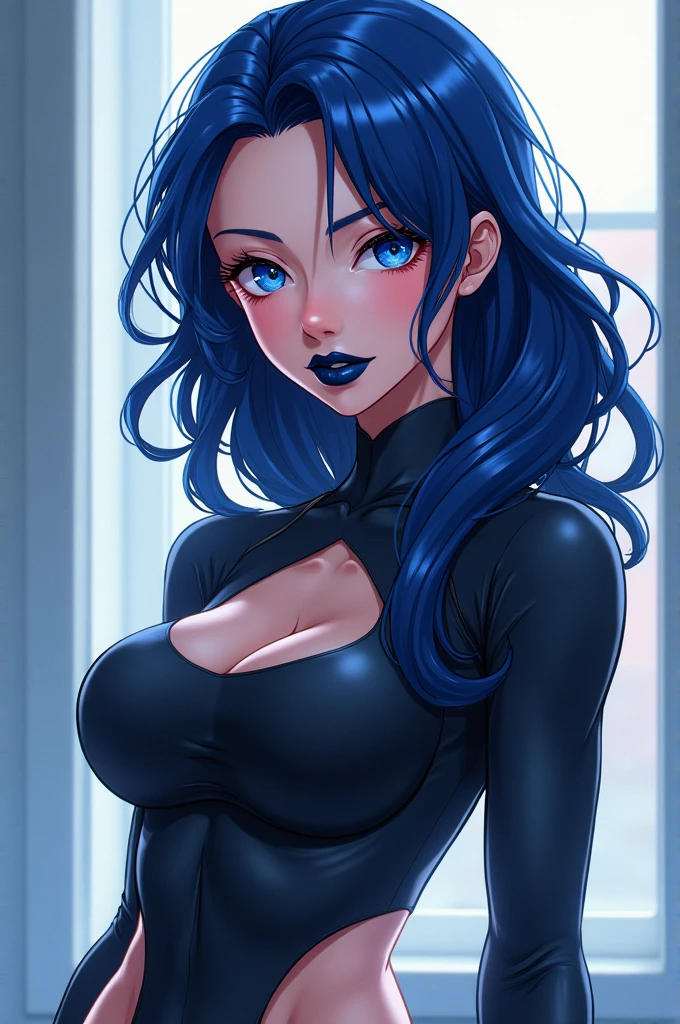 (masterpiece, official art), 1girls, solo, shortstackBT, shortstack, thick, curvy, curvaceous, plump, goddess, light blue hair, long hair, sona buvelle, twintails, hair ornament, (latex full body suit), (closeup), portrait, (gigantic breasts), standing, cowboy shot, (in bed, lying on her back), looking at viewer, (upper body), smile, seductive, alluring attire