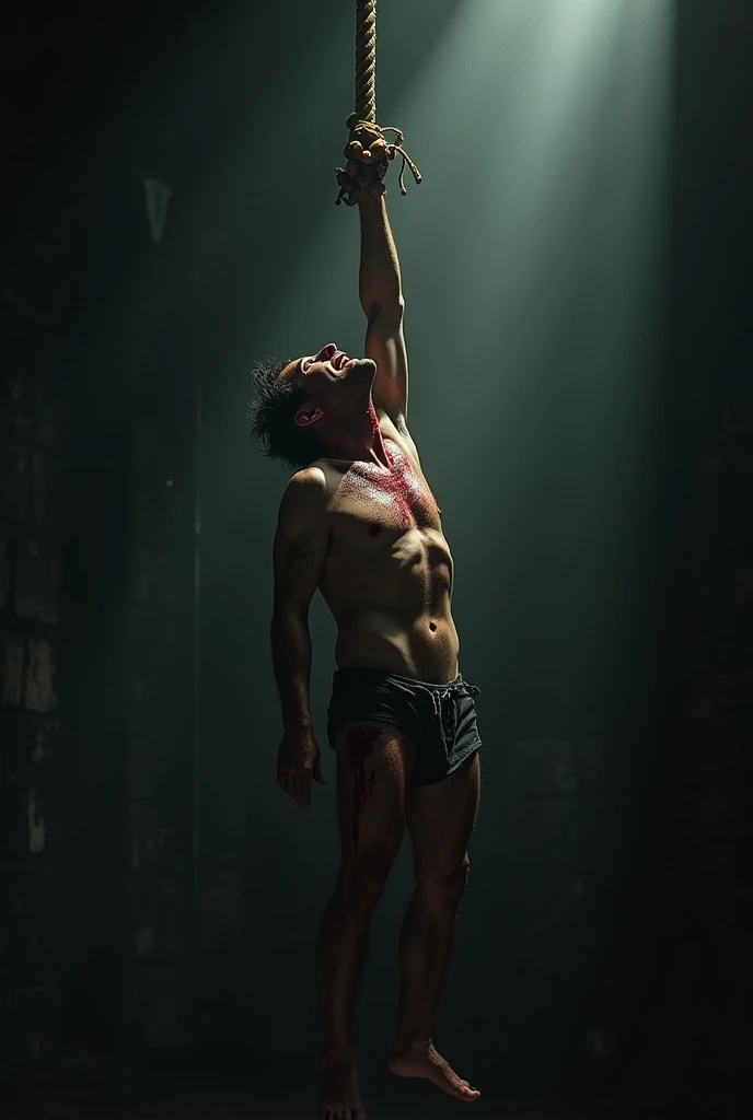 Tv scene (dean male 17 hanging from ceiling bound by wrist bloody and wet )(bekah 16 Female lays in front of him unconscious in a bra and underwear)(another man in a mask is standing over bekah with a metal ba