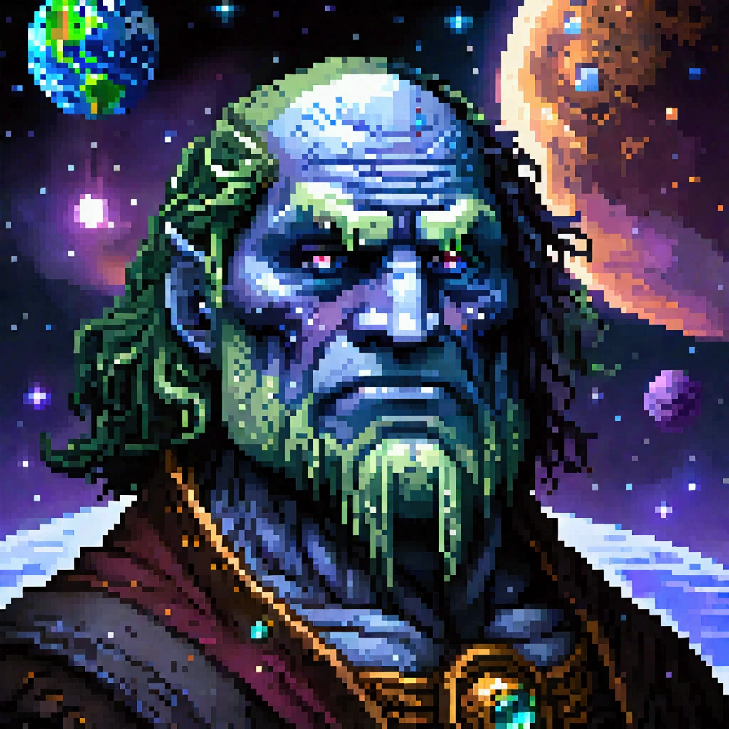 (Pixel art), dark, fantasy, rpg, game asset, create a cinematic picture for a dark fantasy rpg where there the face of an old, kind and wise titan in the foreground looking in space fading to a small earth