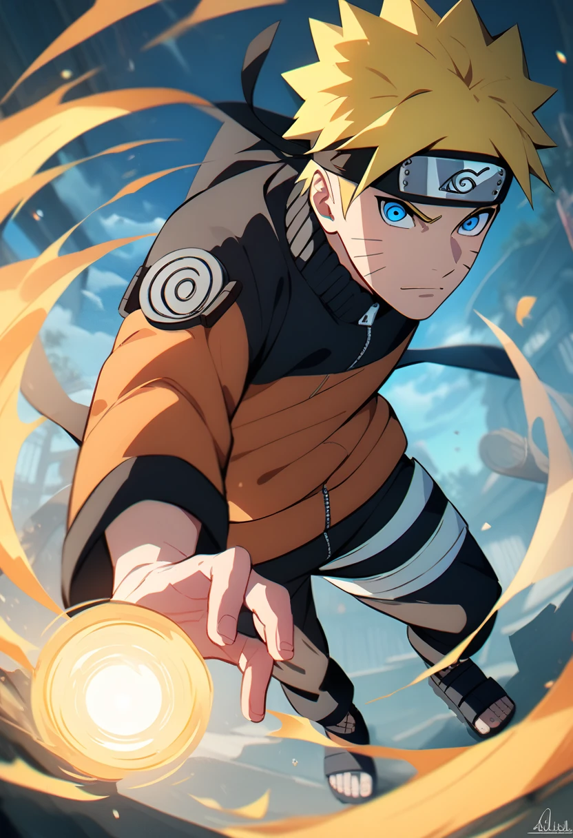 1boy, naruto uzumaki, Naruto Shippuden, looking at viewer, BREAK, aerokinesis, blonde hair, blue eyes, energy, energy ball, facial mark, forehead protector, full body, jacket, konohagakure symbol, magic, male focus, (rasen shuriken), scroll, sennin mode, sandals, short hair, solo, short hair, spiked hair, toeless footwear, whisker markings, wind, BREAK, amazing background, masterpiece, best quality, very aesthetic, newest