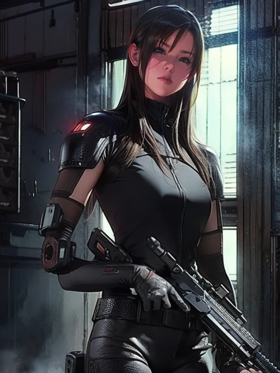 Best image quality、Amazing details、Ultra-high resolution、（realism：1.4）、（（Close：0.75））、One woman is very condensed、Beautiful and delicate face、Perfect proportions、Narrow your target audience、Small breasts）、Black Hair、（Red tech suit）、（A cyborg compared to a police uniform、、、Black and grey mech、Military Harness、Carrying an assault rifle、Hitch Tech Flamethrower Tank Transport）、Simple grey wall in the background、