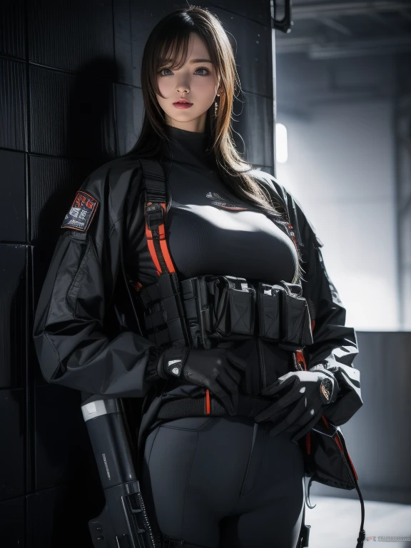 a woman holding an assault rifle in front of a futuristic spaceship, extremely detailed, hyperrealistic, fantasy art, eternal fatality, female assault soldier, sky planet background, inspired by Jan Victors, with shotgun in foreground, oriana, grey orange tones, Dune (2021) style, 16:9 ratio, 5.1 surround sound