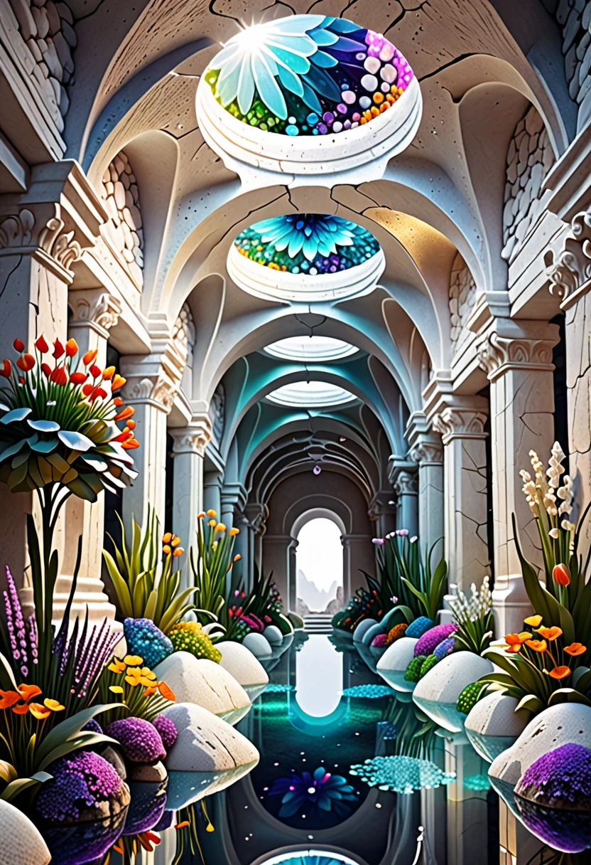 beautiful underground city, pure white limestone walls and ceilings, colorful minerals buried inside, flower garden made of jewels, fantastic iridescent light effects, delicate and dynamic textures, contrasts of light and shadow, 2.5D, digital graphic CG, artistic photography, hyper realistic, ultra detailed, absolutely resolution, best quality