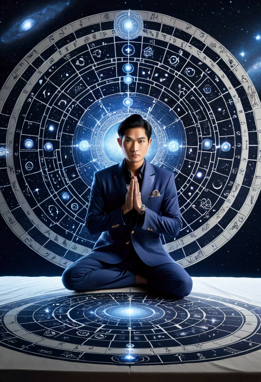 (Thai male astrologer),  30 year old, An astrologer is interpreting fate on a complex star chart, with ancient runes and symbols next to it. The background is a flickering image of a galaxy, full body, (Photography), panoramic view, award-winning, cinematic still, emotional, vignette, dynamic, vivid, (masterpiece, best quality, Professional, perfect composition, very aesthetic, absurdres, ultra-detailed, intricate details:1.3)