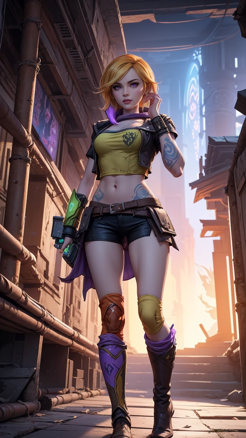 1girl, 1girl, combining elements of Yang Xiao Long from "RWBY" and Lilith from "Borderlands", beautiful detailed eyes, beautiful detailed lips, extremely detailed face and portrait, long eyelashes, flowing golden hair, lilac/violet eyes, crop top, short shorts, wearing flat heeled boots, tattoos, glowing blue markings, posing confidently, fantasy landscape, ancient ruins, sunlight, volumetric lighting, cinematic, award winning digital art, intricate details, highly detailed, hyper realistic, 8k, masterpiece, (wide angle), (full length portrait), lilithbl2, bhands, gl0w1ngR 