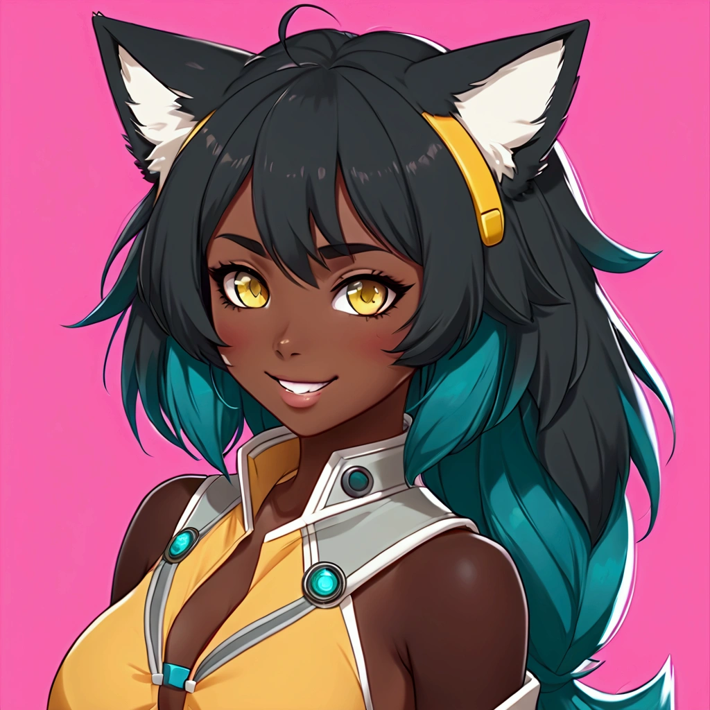 (masterpiece:1.2), (best quality, sfw), (ultra detailed), (8k, 4k, intricate),(closeup-shot:1), (highly detailed:1.2),(detailed background:1.2),((dark skin, beatiful face,plump lips, smiling, sharp teeth)) (((black:0.75,magents:1.2, yellow:0.5)))An anime character with cat ears and a pink background, dark skin female wearing futuristic clothing, different colored eyes(((left eye yellow and teal right eye))) afrofuturistic vibes,fox ears, kemono, nyaruko-san, in an anime style, anime moe artstyle, kemonomimi, wolf ears, female furry mini cute style, by Shingei, fully robotic!! catgirl, anime catgirl, cute anime catgirl