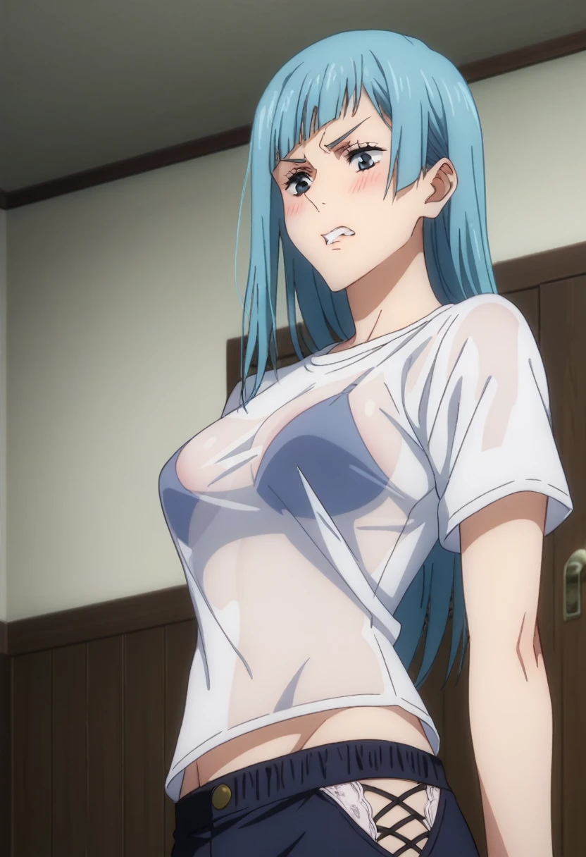 score_9, score_8_up, score_7_up, sauce_anime, ambient light,
jujutsu_kaisen_style, kasumi miwa,, ,1girl ,tall girl,, blue hair, long hair, blue eyes, wince, frown, close up face:0.2,
nsfw, (show off breast),, undress see-through shirt, hands behind backs, undress pants, in lace panties,
indoors,, realistic room, (on side), , steam, 
cowboy shot,, looking down, solo, dutch angle, blush,, , clenched teeth, saliva,, medium breast, 