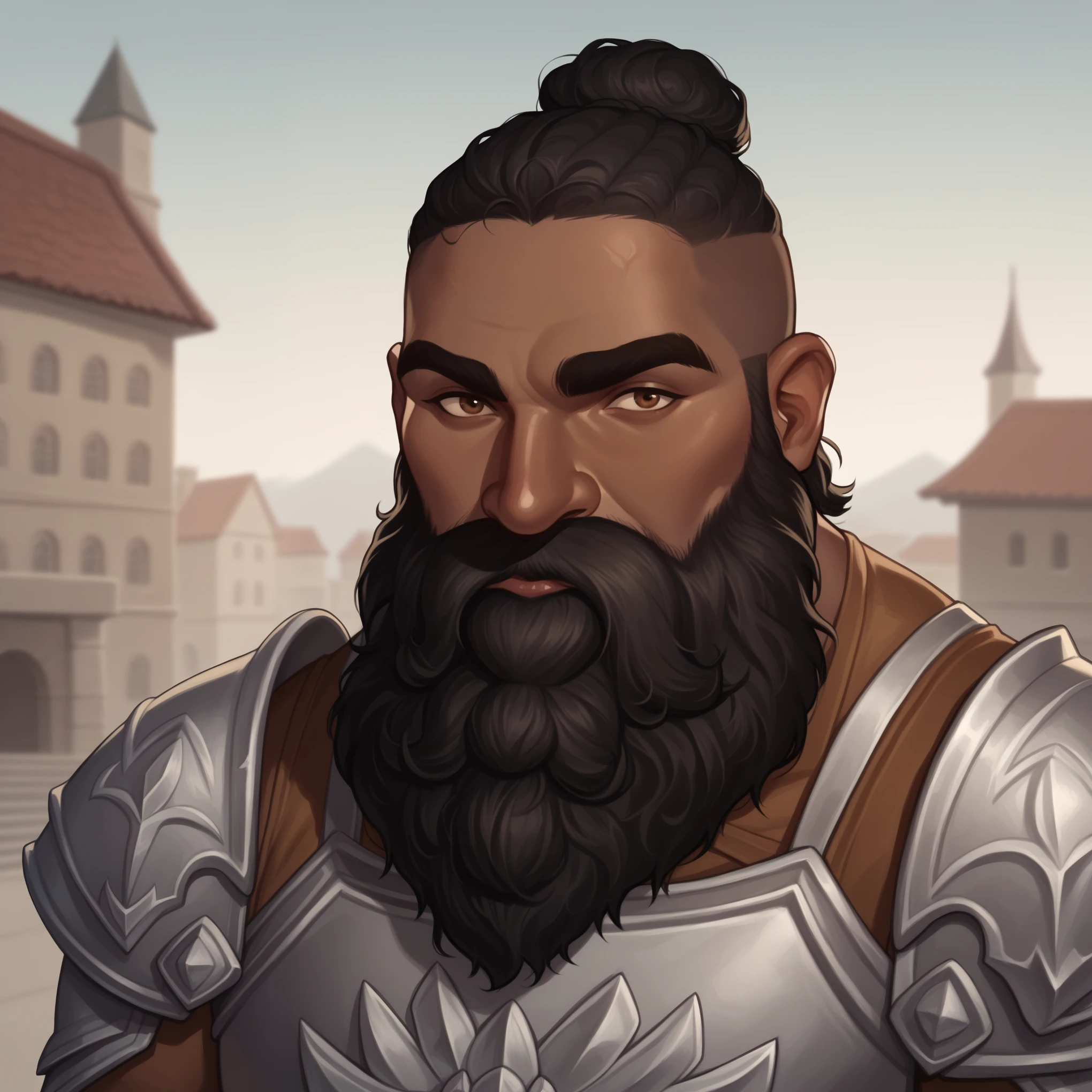 (((high quality, comics style, detailed face))), score_9, score_8_up, score_7_up, BREAK, bust shoot view, solo, male (african) dwarf, short stature, big nose, (((dark brown skin, dark skin))), 50 years old, black hair, short hair, bun, ((long beard, voluminous beard, matted beard)), strong, wide, muscular, thick eyebrows, silver knight armor, breastplate armor, Espalier, city, blurred background, Expressiveh, detailxl