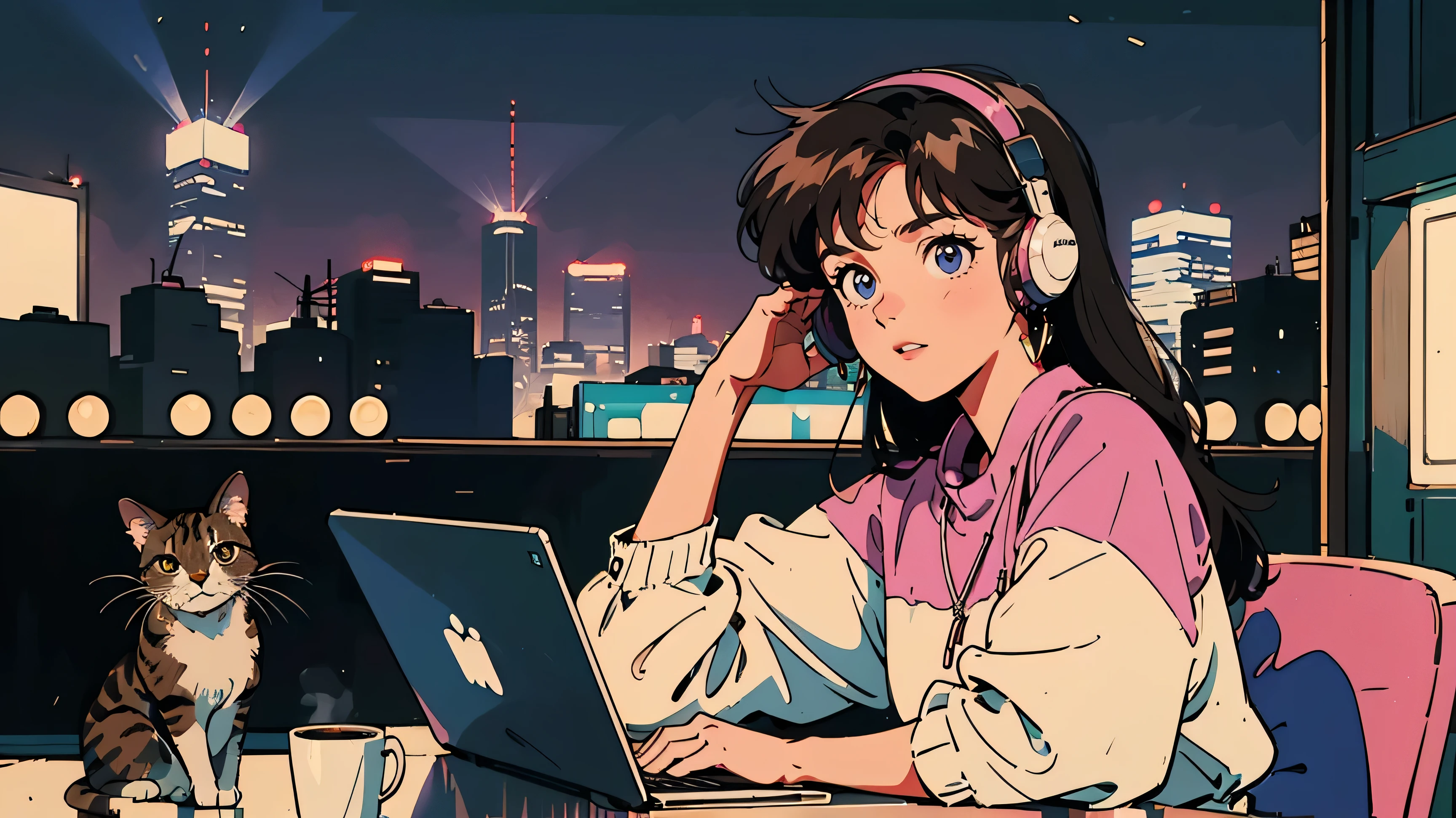 Best Quality, 4K, 1980s Style,1980s hairstyles for 20 year old women, Black Hair, Long Hair, Light brown eyes, lo-fi, pants ,Tokyo night view, Wear headphones,Laptop Computer, whole body,  Relax Coffee,table,look at me, Three-haired cat
