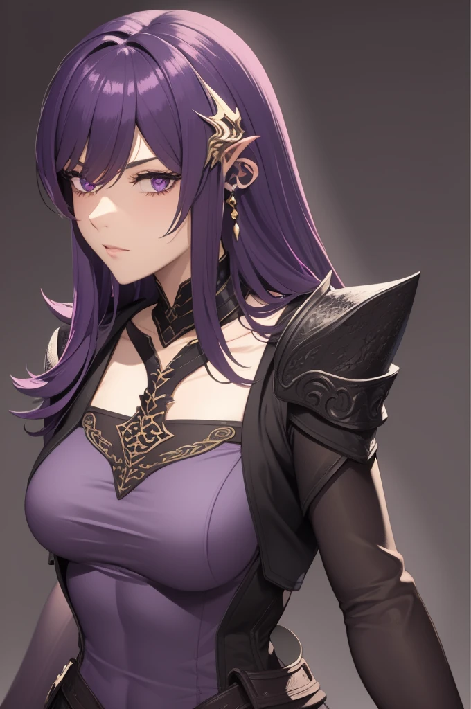 create the appearance of a character for me to use in an RPG with the characteristics; feminine gender, dark purple loose hair medium length, 2, she must have a dragon'tail and horns, pointy ears, red scales on arms and tail, maid clothes, 2 appearances