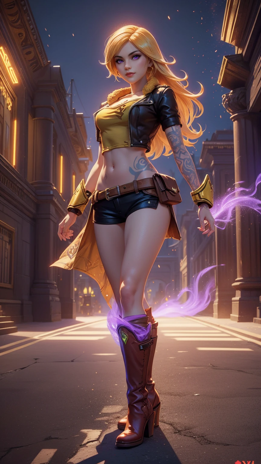 1girl, 1girl, combining elements of Yang Xiao Long from "RWBY" and Lilith from "Borderlands", beautiful detailed eyes, beautiful detailed lips, extremely detailed face and portrait, long eyelashes, flowing golden hair, lilac/violet eyes, crop top, short shorts, wearing flat heeled boots, tattoos, glowing blue markings, posing confidently, fantasy landscape, ancient ruins, sunlight, volumetric lighting, cinematic, award winning digital art, intricate details, highly detailed, hyper realistic, 8k, masterpiece, (wide angle), (full length portrait), lilithbl2, bhands, glow particle