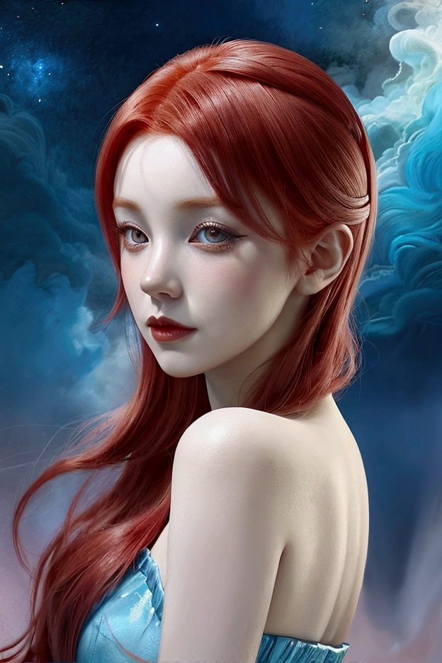 a close up of a woman with red hair and a blue dress, in the art style of bowater, in style of digital illustration, fantasy art style, exquisite digital illustration, beautiful portrait of nami, beautiful digital illustration, anime styled digital art, style artgerm, digital anime illustration, stylized digital art, glossy digital painting, ! dream artgerm