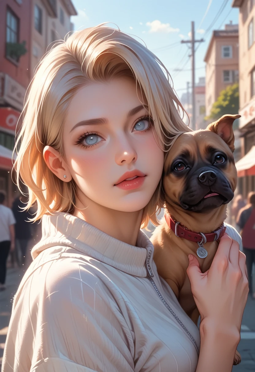 primer plano, Cute girl with big eyes, con su perro. --auto