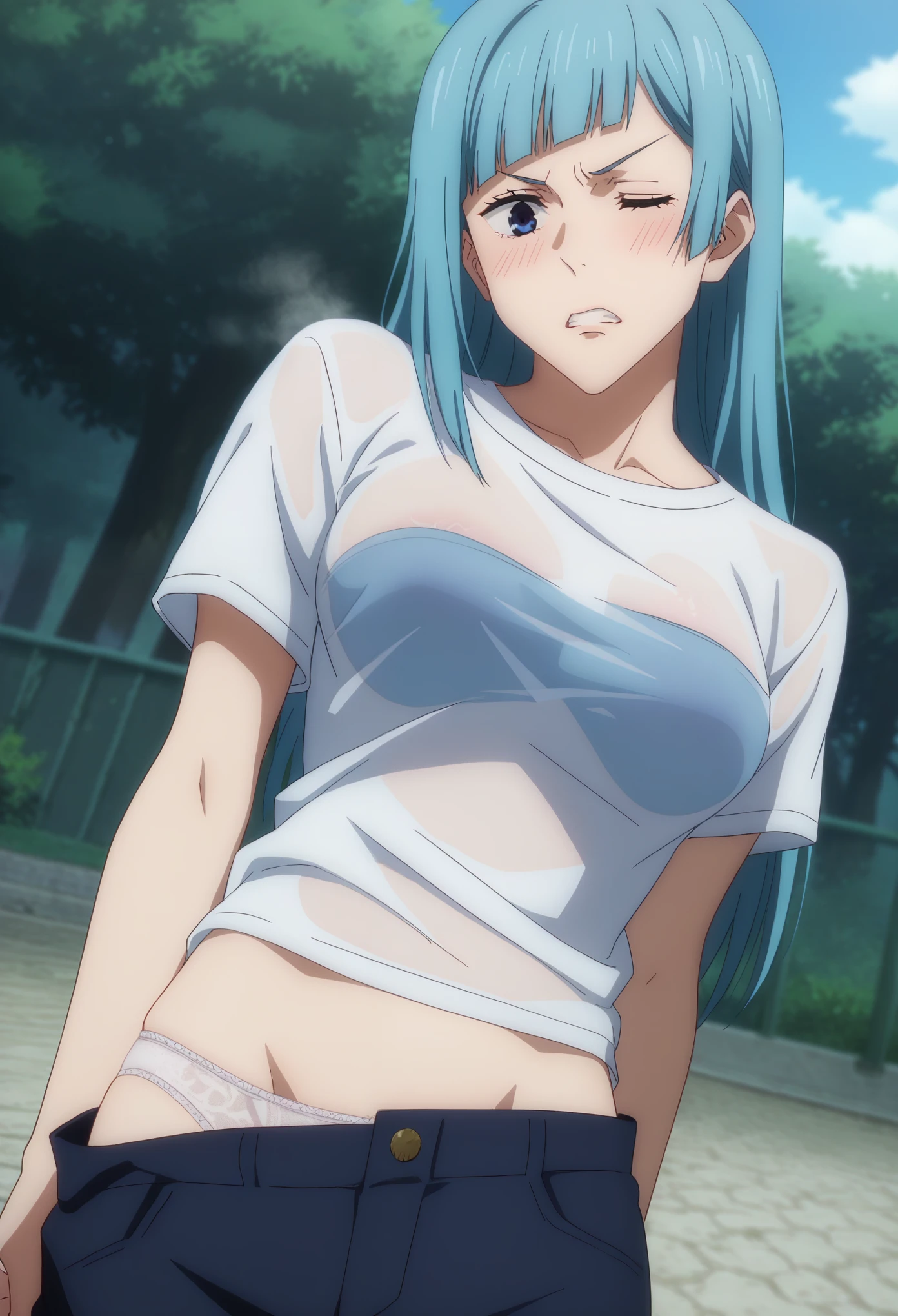 score_9, score_8_up, score_7_up, sauce_anime, ambient light,
jujutsu_kaisen_style, kasumi miwa,, ,1girl ,tall girl,, blue hair, long hair, blue eyes, wince, frown, close up face:0.2,
nsfw, (show off breast),, undress see-through shirt, hands behind backs, undress pants, in lace panties,
outdoors,, realistic outdoor, (on side), , steam, 
cowboy shot,, looking down, solo, dutch angle, blush,, , clenched teeth, saliva,, medium breast, 