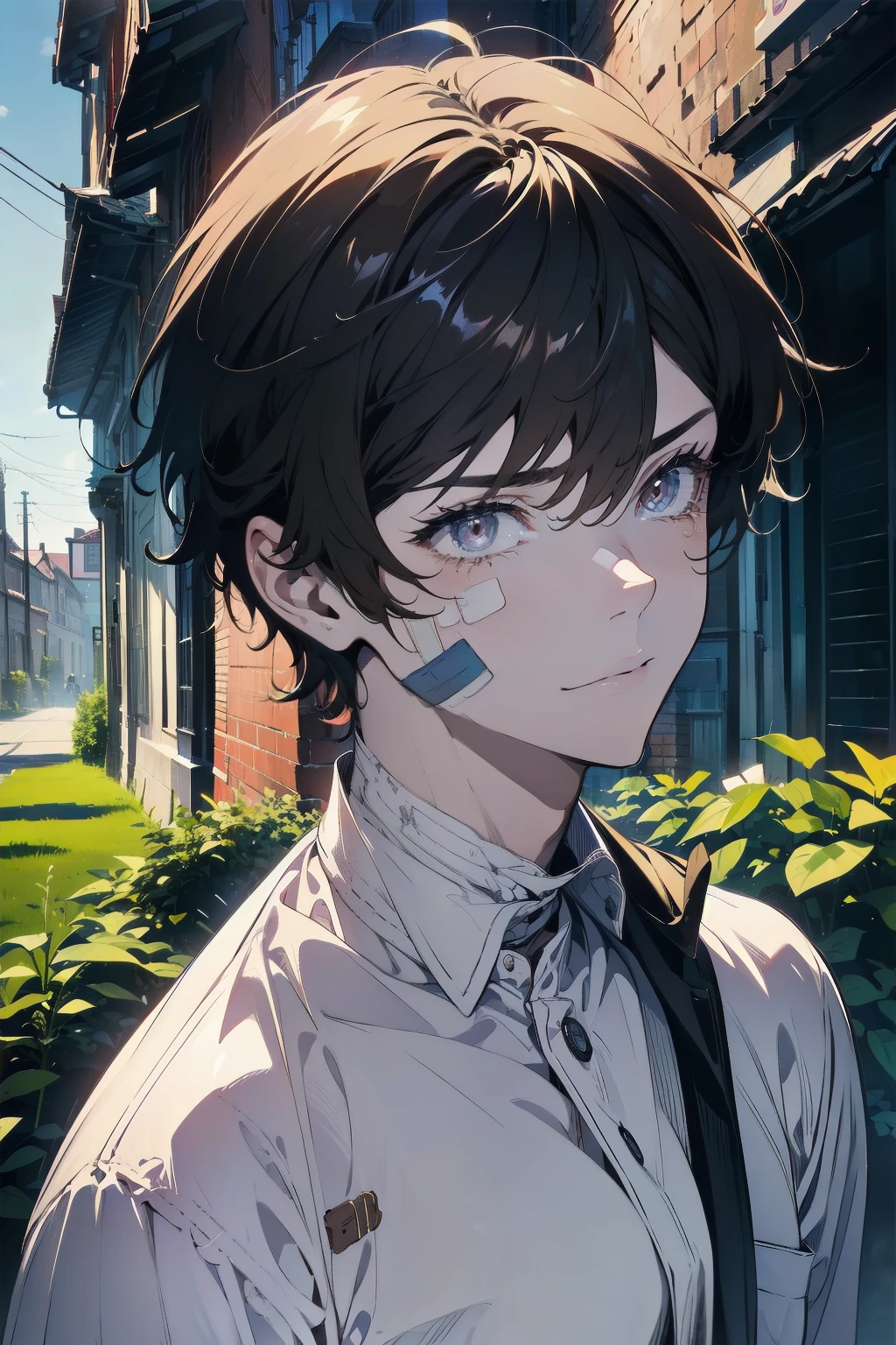 ((messy, short, brown-hair)), ((boy)) with a ((one band-aid on his face)), (slightly tan skin), black eyes, (best quality,4k,8k,highres,masterpiece:1.2),ultra-detailed,(realistic,photorealistic,photo-realistic:1.37), ((farmer boy)), (looks roughed up), portrait, (bandages around neck), (sad smile), detailed eyes, (teary eyes)