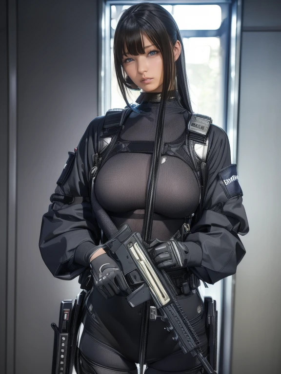 Best image quality、Amazing details、Ultra-high resolution、（realism：1.4）、（（Close：0.75））、One woman is very condensed、Beautiful and delicate face、Perfect proportions、Narrow your target audience、Large Breasts）、Black Hair、（Violet tech suit）、（A cyborg compared to a police uniform、、、Black and grey mech、Military Harness、Hold a shotgun、Hitch Tech Flamethrower Tank Transport）、Simple grey wall in the background、