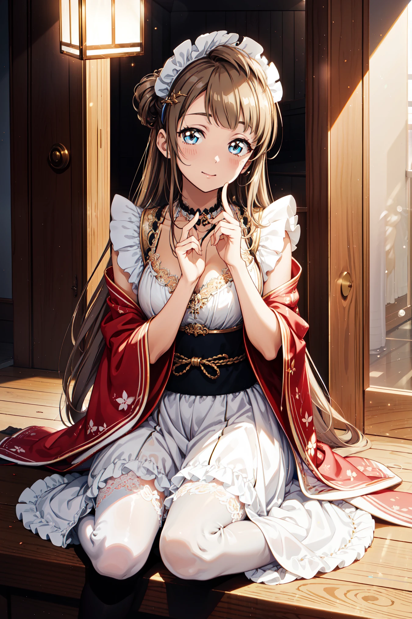 Minami Kotori, Head decoration，Masterpiece quality high resolution, Unity 8k wallpaper, illustration, Delicate eyes, Rich facial details, Highly detailed CG, Lace，Charming transparent fabric，Transparent Clothes，Broken clothes，Japanese maid outfit，middle