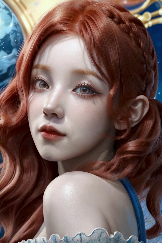 a woman with red hair and a blue dress, in the art style of bowater, in style of digital illustration, fantasy art style, exquisite digital illustration, beautiful portrait of nami, beautiful digital illustration, anime styled digital art, style artgerm, digital anime illustration, stylized digital art, glossy digital painting, ! dream artgerm, red eyes, curly hair, red eyes, red hair, curly hair, bubbles in background 