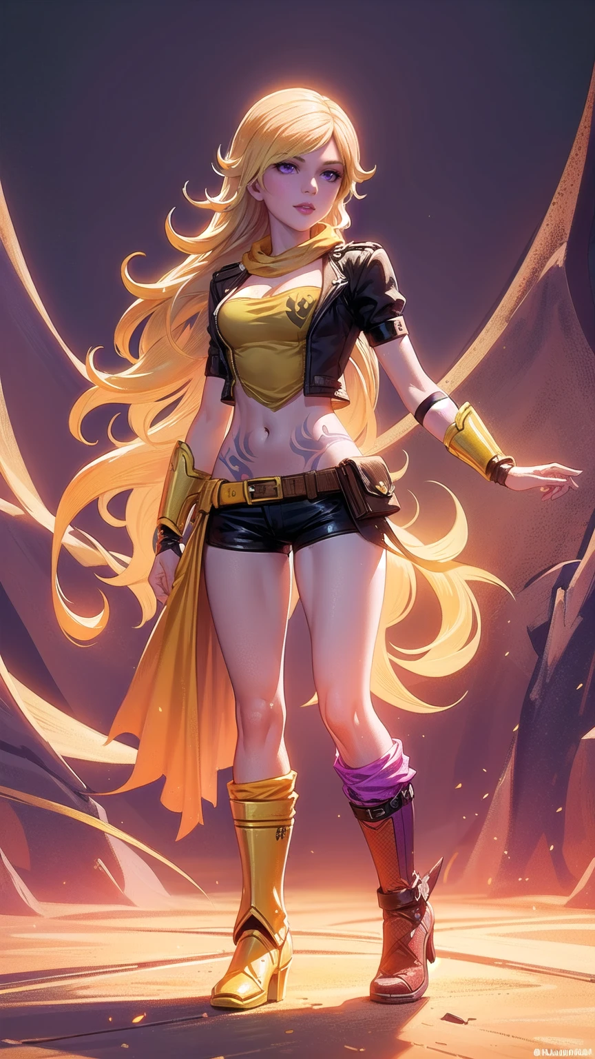 1girl, 1girl, combining elements of Yang Xiao Long from "RWBY" and Lilith from "Borderlands", beautiful detailed eyes, beautiful detailed lips, extremely detailed face and portrait, long eyelashes, flowing golden hair, lilac/violet eyes, crop top, short shorts, wearing flat heeled boots, tattoos, glowing blue markings, posing confidently, fantasy landscape, ancient ruins, sunlight, volumetric lighting, cinematic, award winning digital art, intricate details, highly detailed, hyper realistic, 8k, masterpiece, (wide angle), (full length portrait), lilithbl2, bhands, glow particle