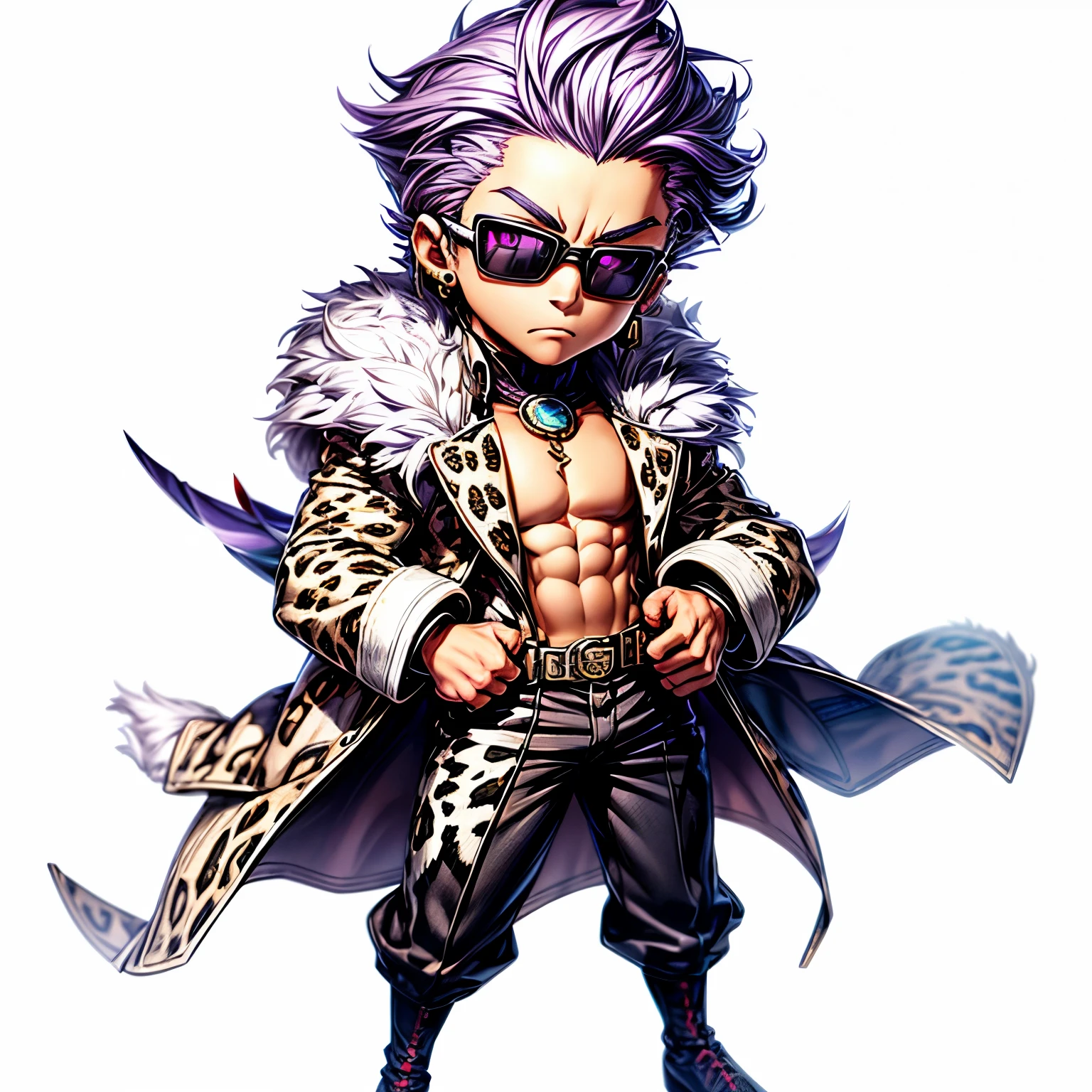 masterpiece, best quality, extremely detailed CG unity 8k wallpaper, black pants, boy, anime character, muscular muscles, white leopard print coat with white fur, chibi character, all back, purple hair, big piercing eyes, JOJO style, sunglasses, Raise your hands