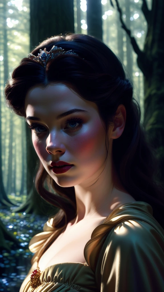 A beautiful detailed girl with long eyelashes, detailed eyes and lips, flawless porcelain skin, a flowing dress, surrounded by a dark fantasy forest with twisted trees, a mystical atmosphere, (best quality, 4k, 8k, highres, masterpiece:1.2), ultra-detailed, (realistic, photorealistic, photo-realistic:1.37), dark fantasy, cinematic lighting, moody colors, dramatic chiaroscuro, realistic princess snow white portrait