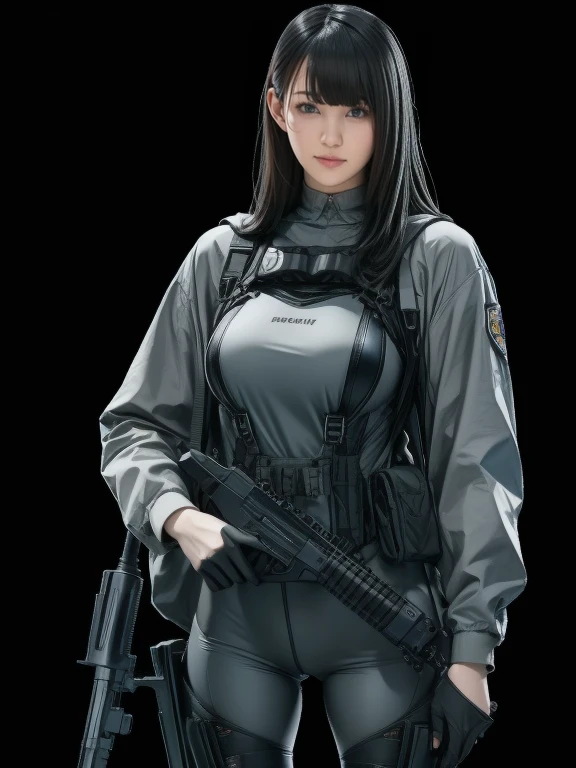 Best image quality、Amazing details、Ultra-high resolution、（realism：1.4）、（（Close：0.75））、One woman is very condensed、Beautiful and delicate face、Perfect proportions、Narrow your target audience、Large Breasts）、Black Hair、（Violet tech suit）、（A cyborg compared to a police uniform、、、Black and grey mech、Military Harness、Carry a grenade gun、Hitch Tech Flamethrower Tank Transport）、Simple grey wall in the background、