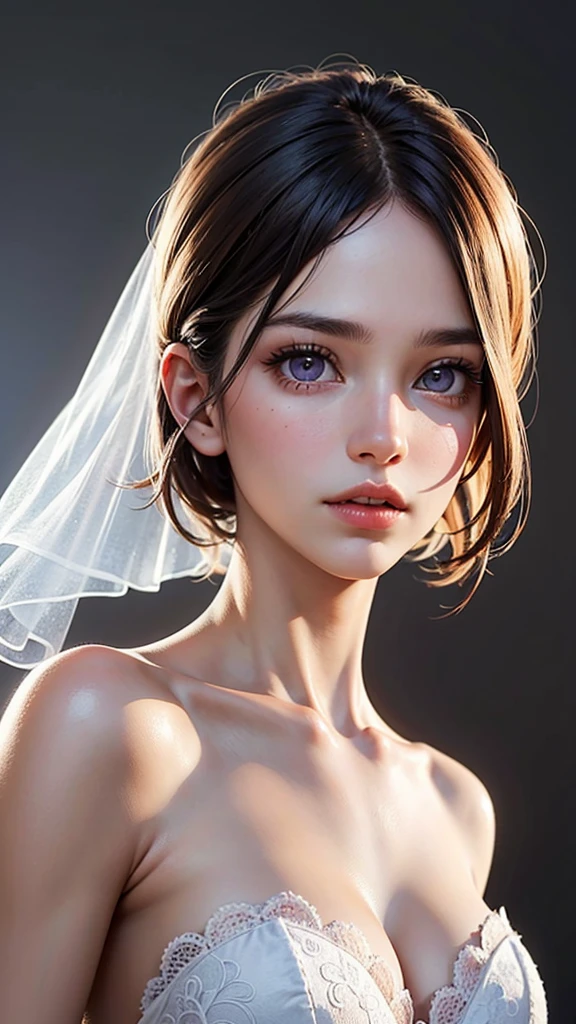 1girl, solo, (photorealistic:1.4), very delicate and beautiful, (top quality:1.4), (high detailed skin:1.4), glowing eyes, goddess, shiny skin, Beautiful detailed face, real skin texture, expressive eyes, luscious lips, glossy lips, natural makeup, golden short hair, purple eyes, partially clad in a gorgeous (red:1.3) lace wedding dress, suggestive gaze, elegant and attractive posture, upper body shot, (from below:1 .4),(white back ground:1.4)