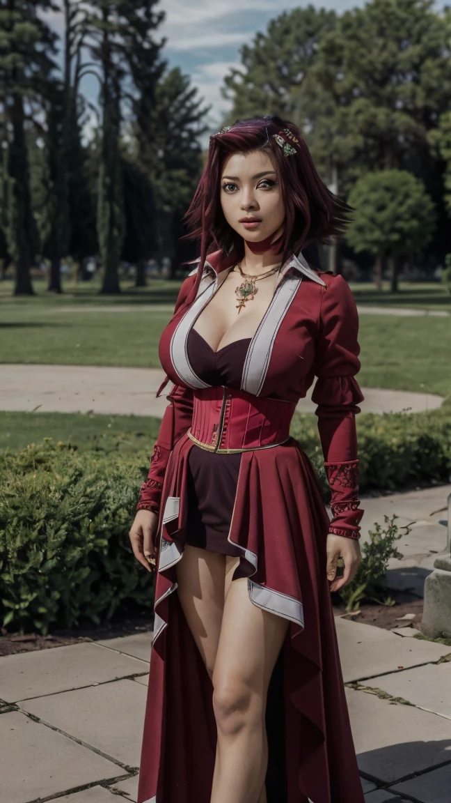 AI, 1girl, solo, looking at viewer, full body shoot,duel outfit, hair ornament,big breasts, pendant, perfect quality, good quality, masterpiece, HDR, UHDstanding in the park 