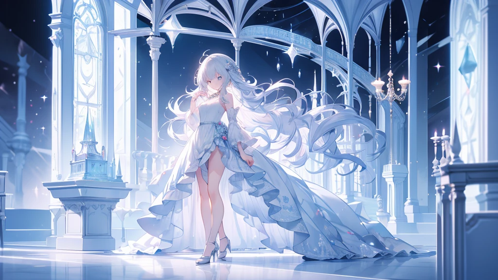 A woman in an ice blue dress, white hair, long hair, bangs in the eye, smiling, big  ice blue heels, ice blue eyes, walking on the floor of a large castle, large luxury castle..UHD , work- prime, precise, anatomically correct, textured skin, super details, high quality, best quality, 8k, high resolution, bokeh effect. (woman alone)
