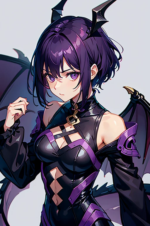 1girl,[flat(3) breasts,dark purple hair,purple eyes,fluffy hairstyle,],short hair,[chubby face],ふっくら顔,[[chubby belly]succubus,blurry light pink background,oily,election nipples,solo,stunned