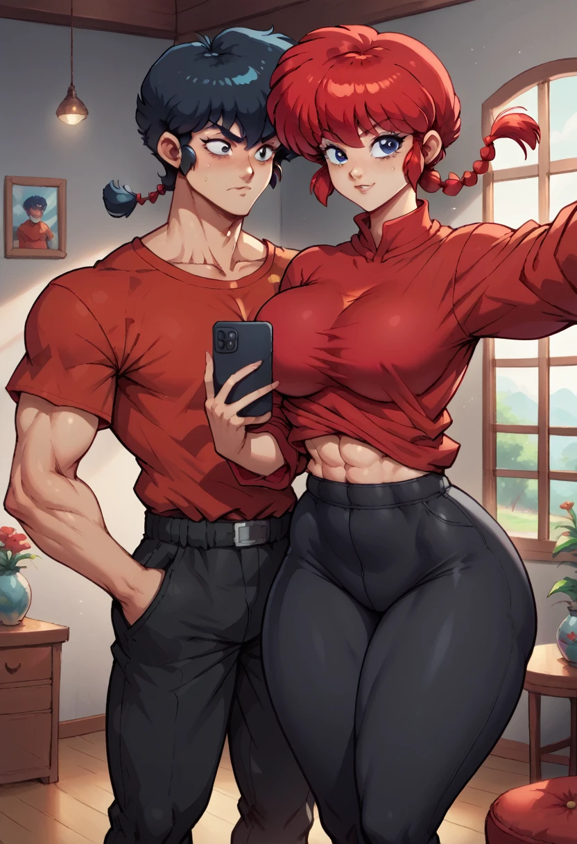 ((Ranma Chan, redhead, large breast, big ass, thick thighs, wide hips))(a couple selfie)((Ranma Saotome, male, handsome, abs, black pants, red shirt, black hair))(ranma girl and ranma male)