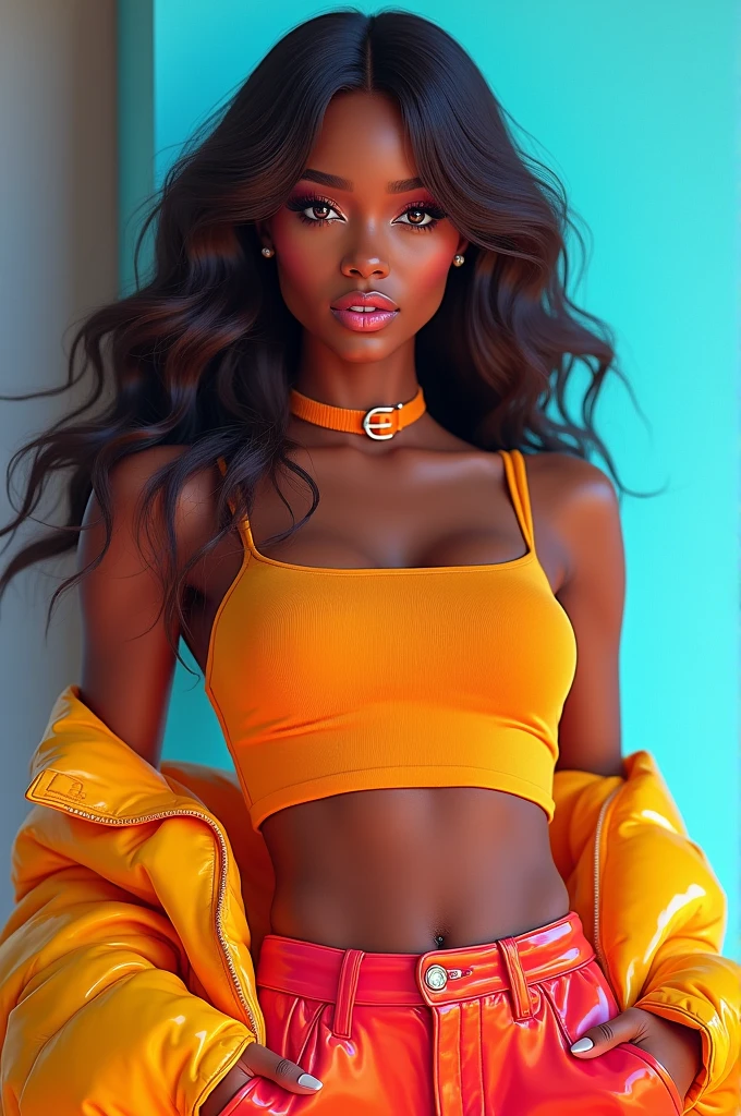 dark brown skin girl,16 years old, huge gorgeous afro hair and big eyes, wearing a yellow dress, soft expression. semi realistic. flat figure, fit body,