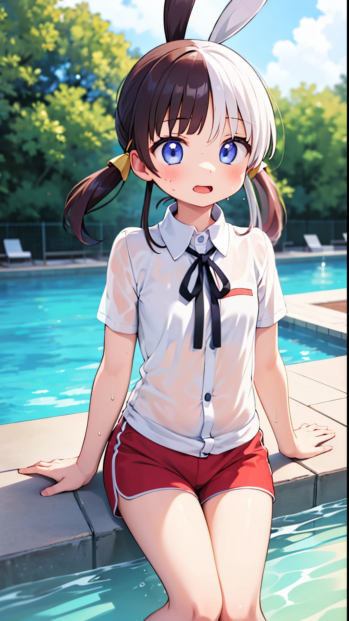 (masterpiece, best quality, SFW:1.2), elegant, max detail, colorgrading, halo
BREAK
1girl, joyful, grin, looking up, forehead, (flat chest, cute, petite:1.2),  (khaki hair, big hair:1.2), (pale violet red eyes:1.2)
BREAK
( chinese clothes)
BREAK
Long Shot, indian style,w arms
BREAK
outdoors, waterpark