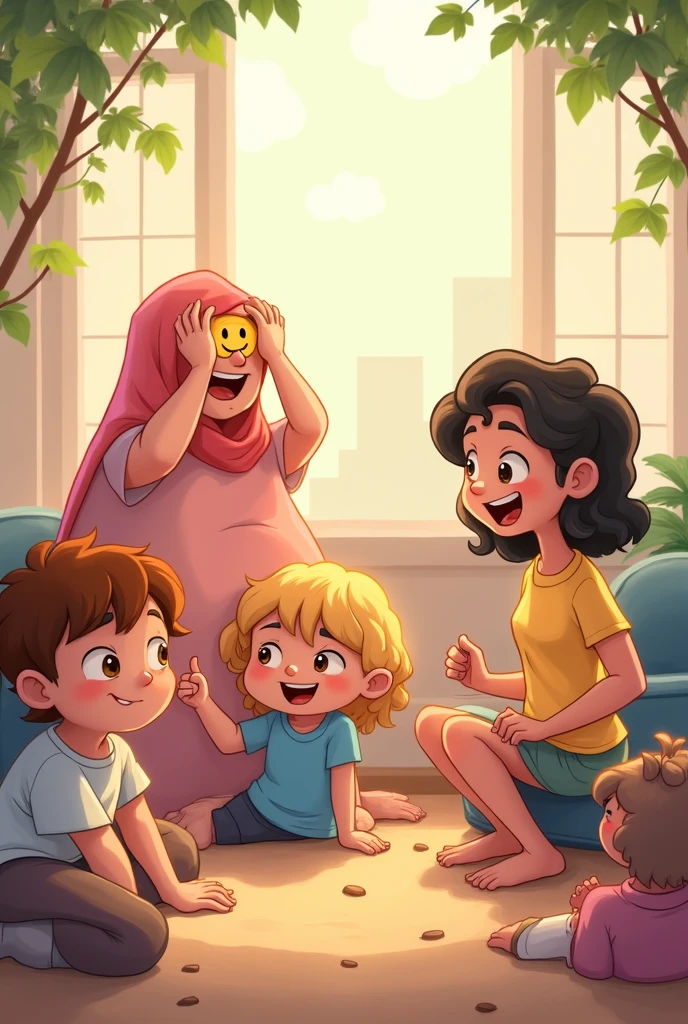Cartoon with text:
(Masterpiece, best quality, 4k, expressive eyes, perfect face), beautiful women, gorgeous cartoon women, (beautiful face, detailed eyes), wearing black hijab, (flat style,, hand drawn style, 2d style, Cartoon artstyle, toon style), ((wearing a small black bikini, bra, underwear)), (women embarrassed, shy), (teaching elementary students, surrounded by children, kids grabbing her breast, squeezing boobs), confused, (on her bed)