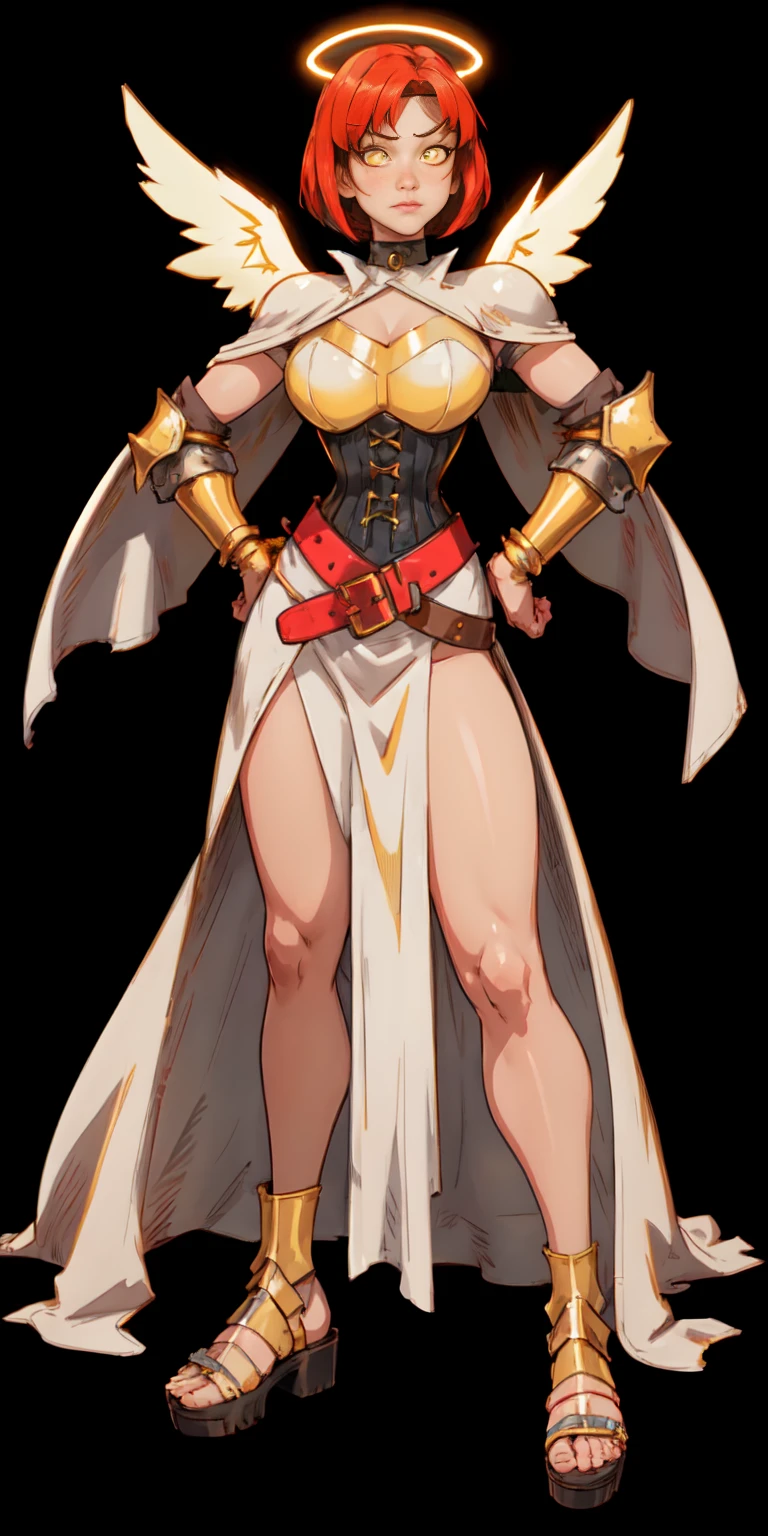 (((Plain background 1:2))) (masterpiece, high quality: 1.1) 1girl full body standing, hairstyle with a braid, white colored hair, yellow eyes, perfect lighting, muscular, thighs, mature woman, mummy, bellybutton, abs, looks at the viewer smile RED CHEEKS, extremely huge breasts, maternal, porcelain skin, extra very long hair, sparkly skin, good face, chest cover, HANDS ON HIPS