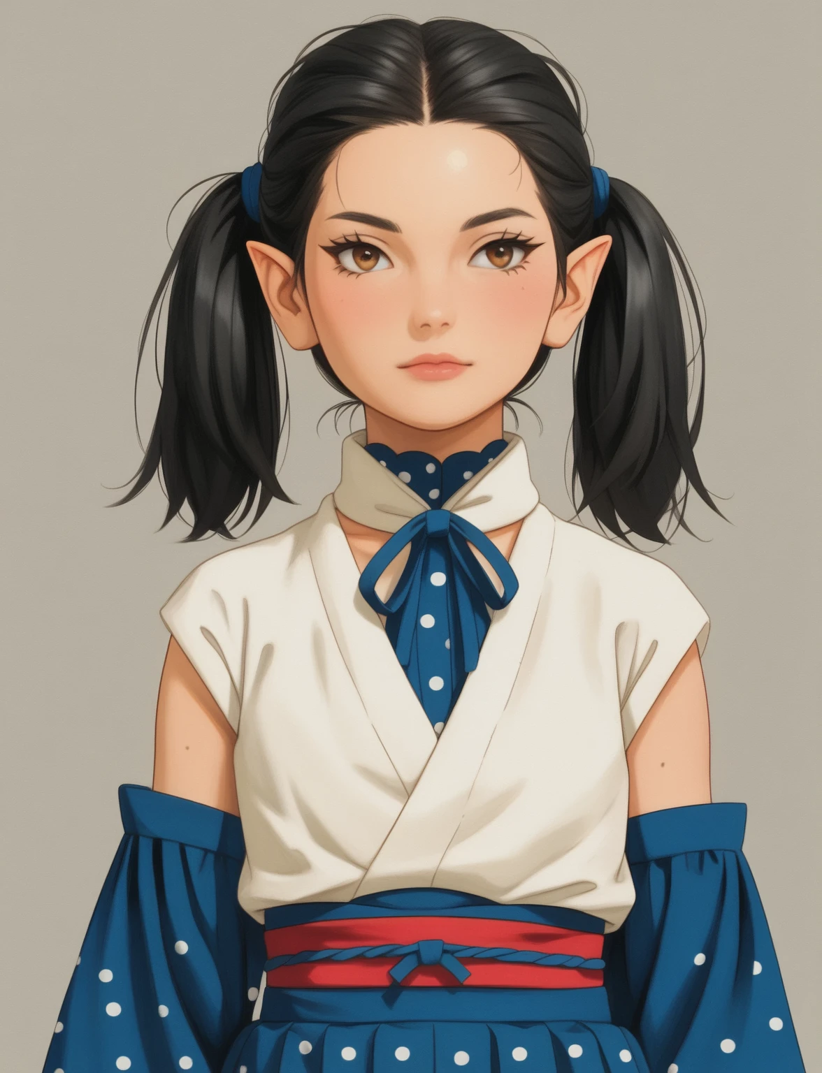 Create a digital illustration of a female character with elf ears with round dots instead of eyebrows. For the hairstyle, she should have black hair styled into a single bun at the back of her head, complemented by asymmetrically chopped bangs that transition into a long lock on one side. Her outfit should match short hakama with detached sleeves and frills under the shorts and the sleeves, in a gothic style, featuring intricate white lace patterns, detailed cutouts, and a white obi with a black seigaiha black pattern. The outfit should include layered skirts and ribbon details to emphasize a similar aesthetic. Add a muted background that complements her striking attire and hairstyle.