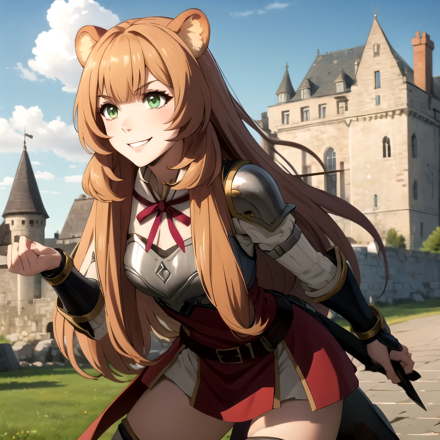 Raphtalia woman , blonde, blonde hair , bear ears, lemon green eyes,  pechos grandes, evil smile, wearing low-cut armor against a castle. sharp eyes. 1 sola mujer.