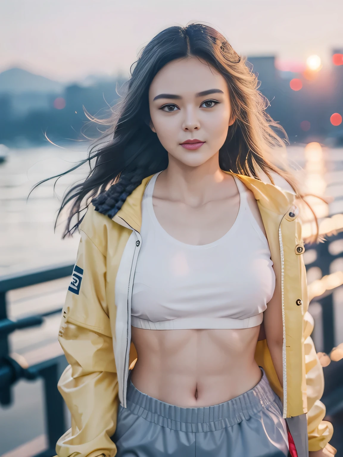 gorgeous cute Austrian girl, (casual crop top), Steel gray hair loose braided hair, red crop top bra , yellow fluffy jacket, , blue oversized gym pants, both hands are in walking style,in background the sunset, sunset , (beautiful sunset), hip-hop, ,  perfectly symmetrical face, detailed skin, vivid colours, HDR, hard shadows, art photography, soft focus, masterpiece, breathtaking, atmospheric perspective, diffusion, pore correlation, skin imperfections, 80mm Sigma f2, depth of field, intricate natural lighting