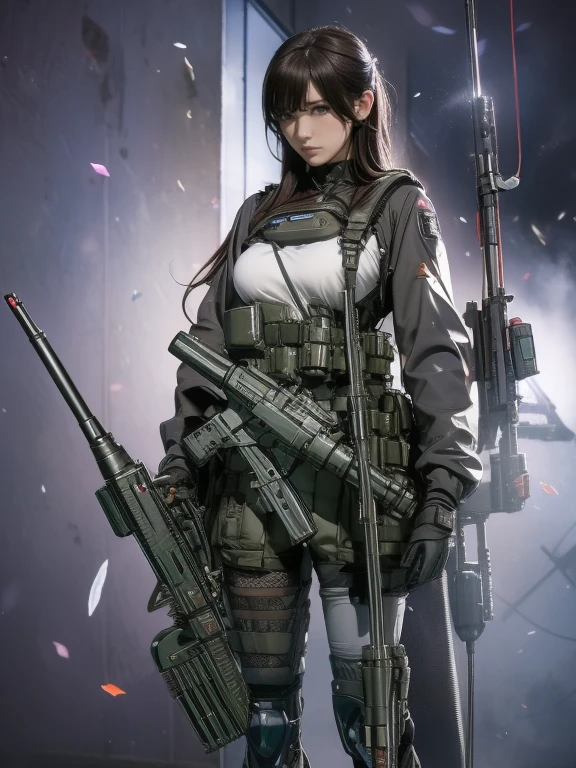 Best image quality、Amazing details、Ultra-high resolution、（realism：1.4）、（（Close：0.75））、One woman is very condensed、Beautiful and delicate face、Perfect proportions、Narrow your target audience、Large Breasts）、Brown Hair、（Violet tech suit）、（A cyborg compared to a police uniform、、、Black and grey mech、Military Harness、With RPG-7、Hitch Tech Flamethrower Tank Transport）、Simple grey wall in the background、