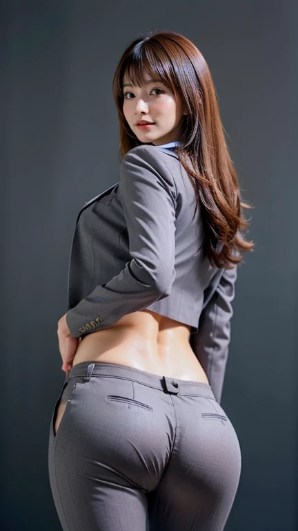 Best Quality, masterpiece, Ultra-high resolution, (Realistic:1.4), RAW Photos, Very detailed, Perfect Anatomy, One Woman, Age 25, ((Wearing dark grey business suit pants with buttocks facing up:1.4)), Shut your mouth., Show me your ass, ((Very beautiful brown hair, Long Hair)), (bangs),Very beautiful slender body, Very beautiful breasts, (Very beautiful ass in business suit pants), Very beautiful slim thighs, Very beautiful realistic skins,  (Beautiful big ass:1.4), Beautiful thighs