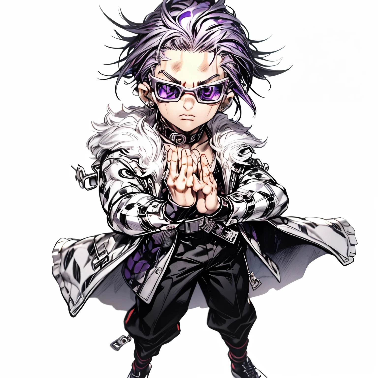masterpiece, best quality, extremely detailed CG unity 8k wallpaper, black pants, boy, anime character, muscular muscles, white leopard print coat with white fur, chibi character, all back, purple hair, big piercing eyes, sunglasses, Raise your hands