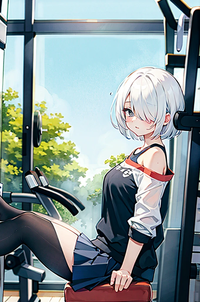 masterpiece, best quality, high resolution, absurdres,
hair over eyes, hair over one eye, oversized shirt, shirt, off shoulder, cute, skirt, gym, white hair, short hair , 1 girl