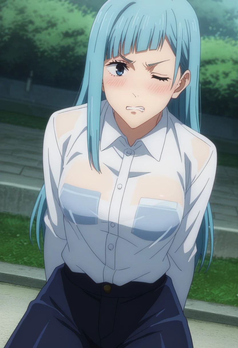 score_9, score_8_up, score_7_up, sauce_anime, ambient light,
jujutsu_kaisen_style, kasumi miwa,, ,1girl ,tall girl,, blue hair, long hair, blue eyes, wince, frown, close up face:0.2,
nsfw, (show off breast),, undress see-through dress shirt, hands behind backs, undress pants, in lace panties,
outdoors,, realistic outdoor, (kneeling), , steam, 
cowboy shot,, looking down, solo, dutch angle, blush,, saliva , clenched teeth, saliva,, medium breast, 