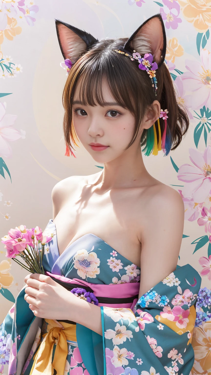 8k, best quality, masterpiece, a photo of a beautiful girl in many flowers, (Flower shower:1.2), (Medium breast), blushed face, Bob brown hair, (Japanese idle:1.6), BREAK, (Cat ears:1.2), Looking at the viewer , (colourful Flower background:1.8), (full of colourful flowers:1.5)