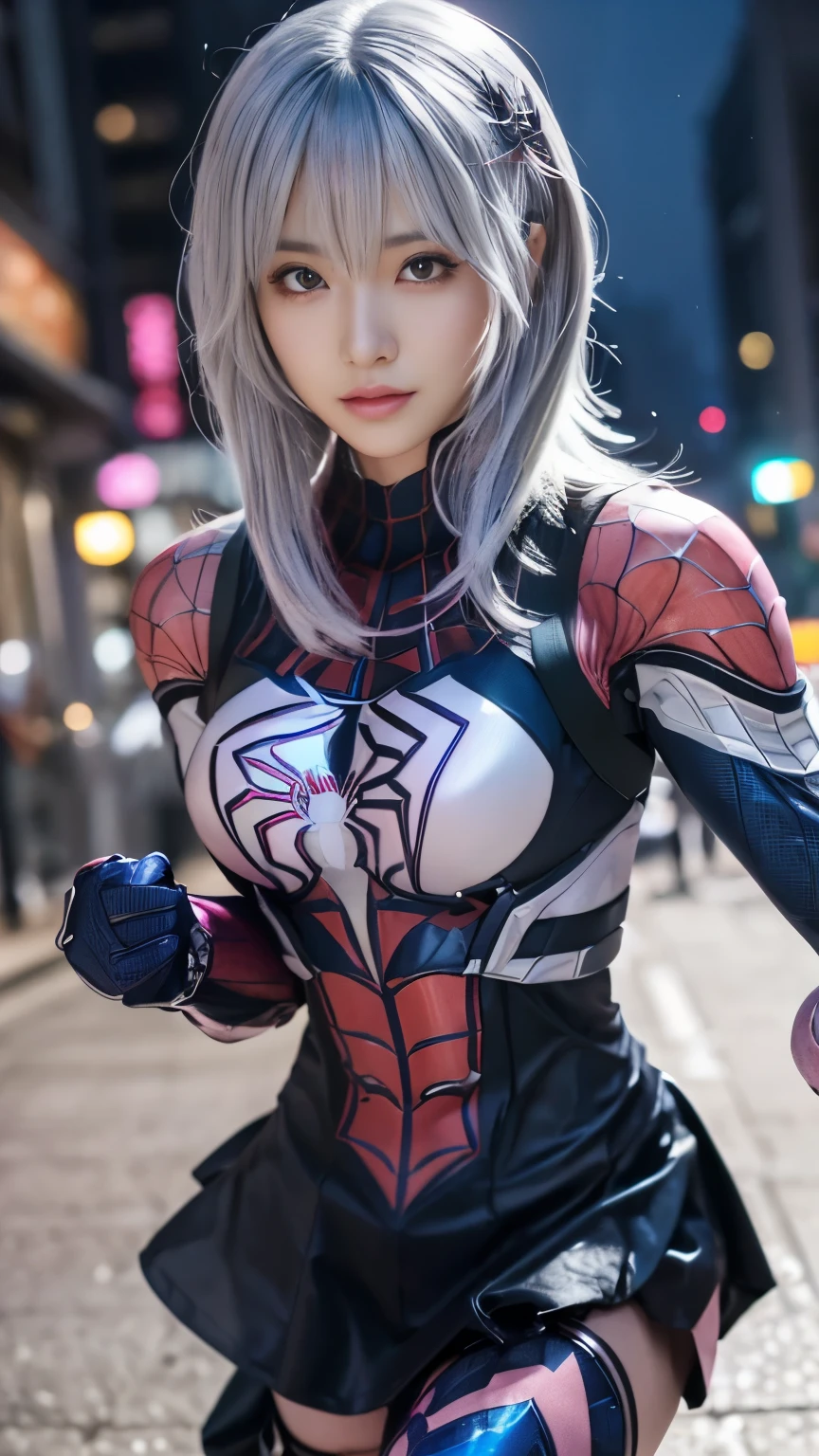 ((1People Silver-haired girl、Spider Girl、Superhero, ゴスパンクのPink Spidermanのコスチューム, Pink Spiderman))、 masterpiece, Best Quality、Ultra HD、Ultra-high resolution、wonderful, (CG illustration、8k )、night, Outdoor,(green spiderman costume、spiderman skirt),Asian、 Mature Big Tits, Indifference, Seriousness, bangs, Facial details, Facial details、Purple、red、Upper Body、Perfectly accurate anatomy、(Battlefield Background),((Ultra-Realistic Details))、Portrait、Global Illumination、Octane Rendering、超A high resolution 、8k、Super sharp、Absurd、huge 、Intricate decorative details、Very intricate details、Realistic Light、(Mystical Expressions),CGSoation Trend、(Photorealistic:1.4)、(fight:1.2、battle:1.2、battle中、battleシーン:1.2、激しいfight:1.2、Attack、To the camera、dive:1.2、Fly around、Action Scenes)、squat、Bend、Round jaw、